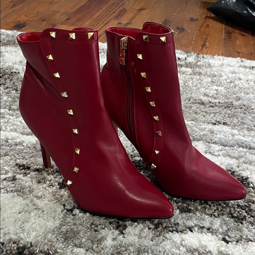 Classy red, studded heeled booties
